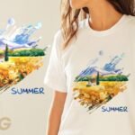 Custom sublimation printed t-shirt with vibrant full-color design on white polyester fabric