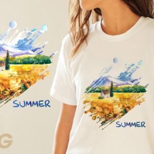 Custom sublimation printed t-shirt with vibrant full-color design on white polyester fabric